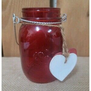 Red Mason Jar With Wood Heart Charms